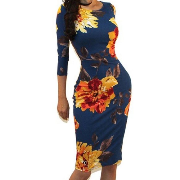 Got Style Mallori Dark Teal Floral Print 3/4 Sleeve Bodycon Party Cocktail Dress - Picture 2 of 4